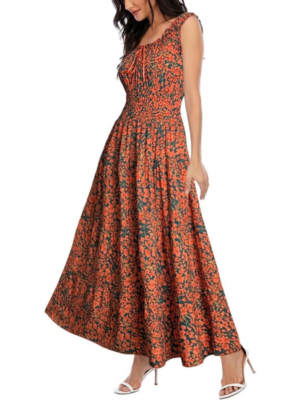 Women's Orange Flowers Boho Floral Maxi Summer Flowy Tiered Casual Long Dress